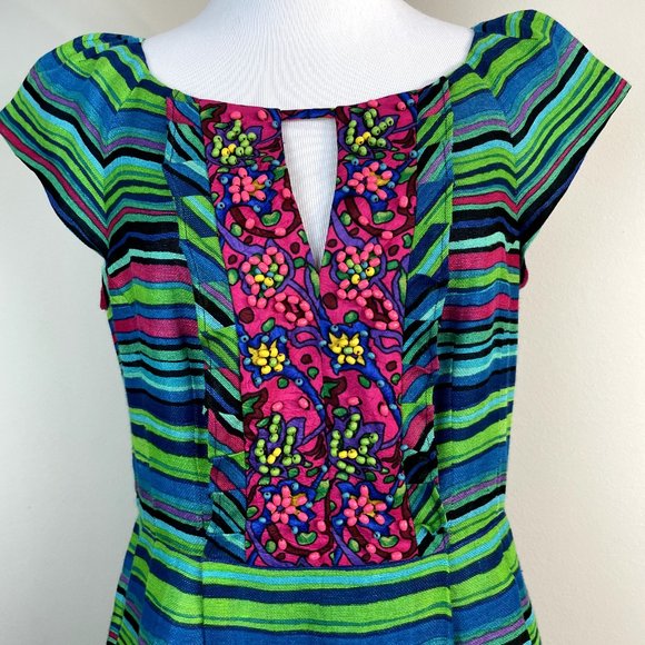 Nanette Lepore Dress 8 Blue Green Silk Linen Stripe Beaded Ruffle Mamacita Frock - Picture 3 of 14